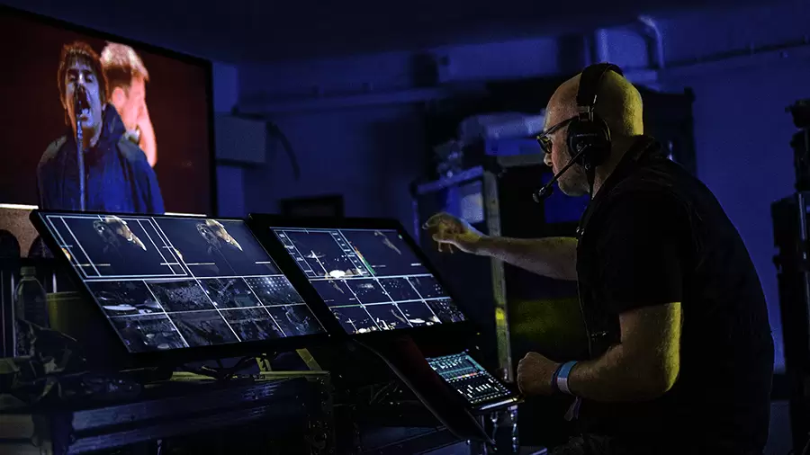 John Surdevan in control room directing multi-camera show of Liam Gallagher at King George's Hall in Blackburn, Greater Manchester