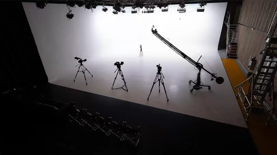 3 multi-cameras setup and a camera jib in the white studio cove at studio at Vectar Project in Stockport, Greater Manchester